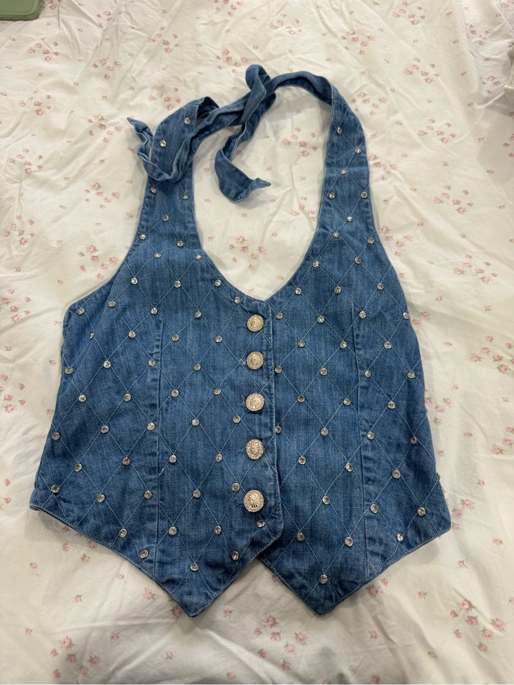 Free People Light Blue Quilted Denim Halter Vest